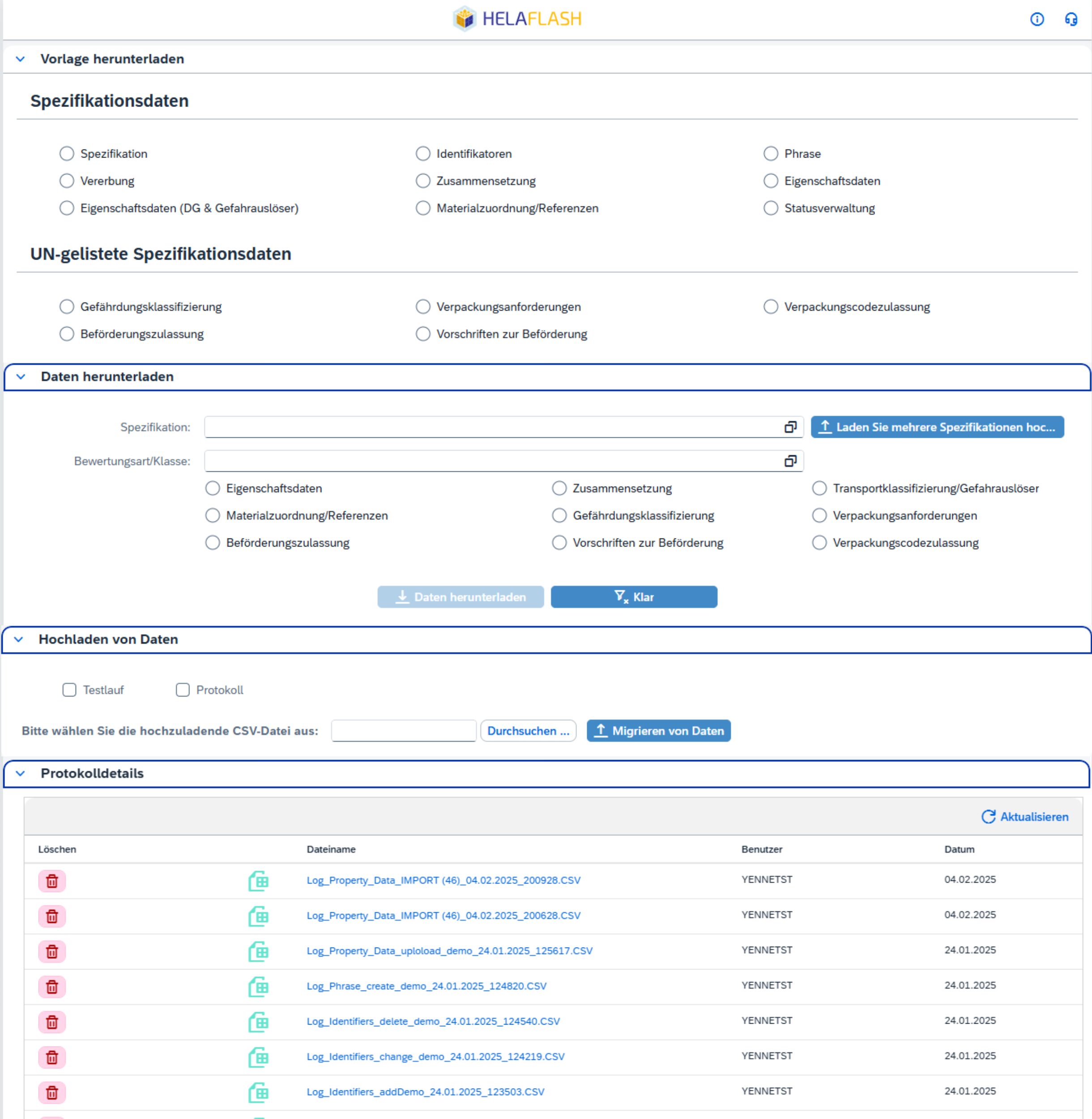 Benutzeroberfläche der HELAFLASH-Software zur EHS Datenmigration mit Auswahloptionen für Templates für chemische Spezifikationsdaten, Gefahrgutklassifizierung, Verpackungscodes und CSV-Upload-Funktion; inklusive Protokollübersicht abgeschlossener Datenimporte für effiziente Verwaltung von EHS-relevanten Informationen.