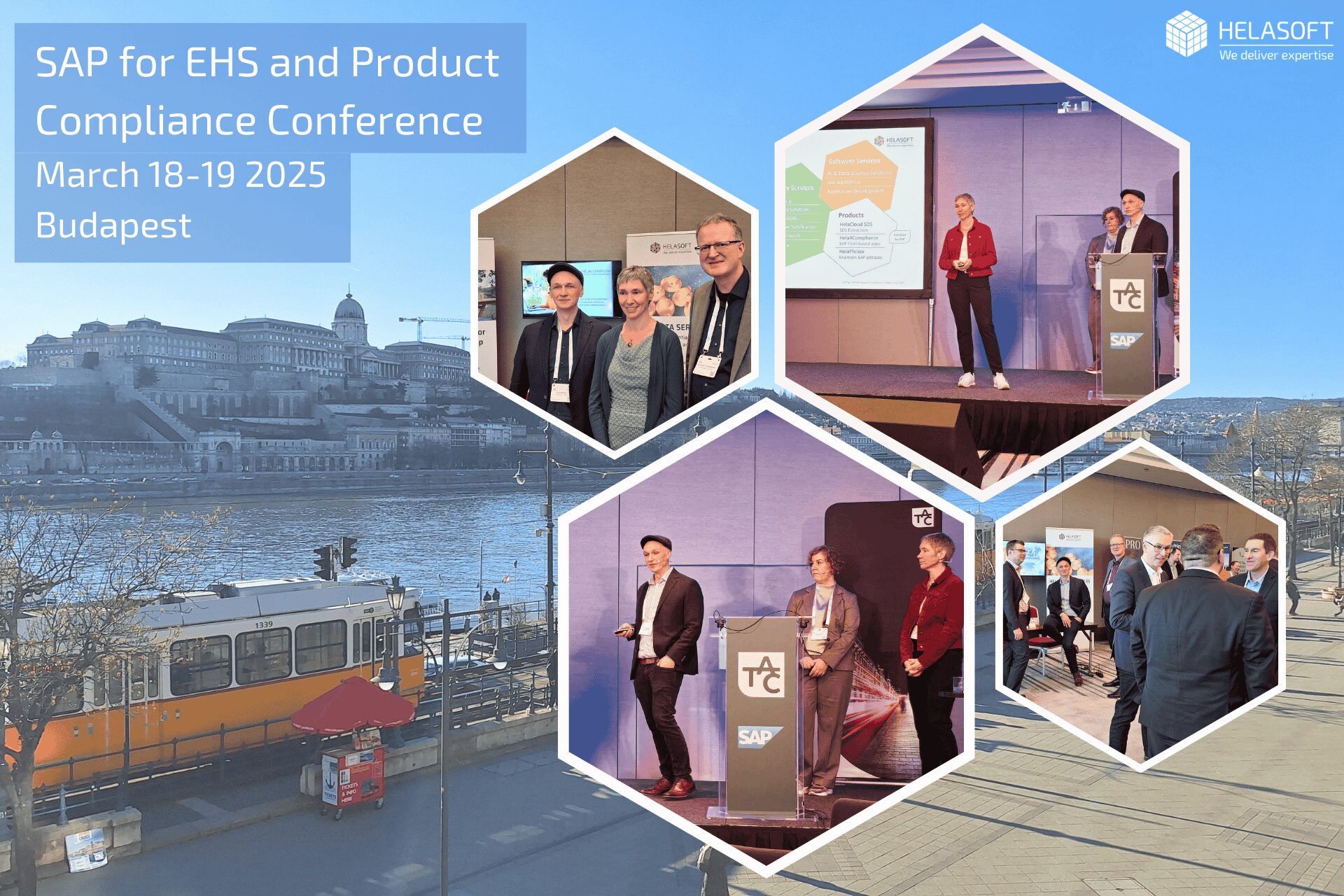 Collage vom SAP EHS und Product Compliance Conference 2025 in Budapest mit Szenen von Vorträgen, Networking und Blick auf Buda Castle und Donau.